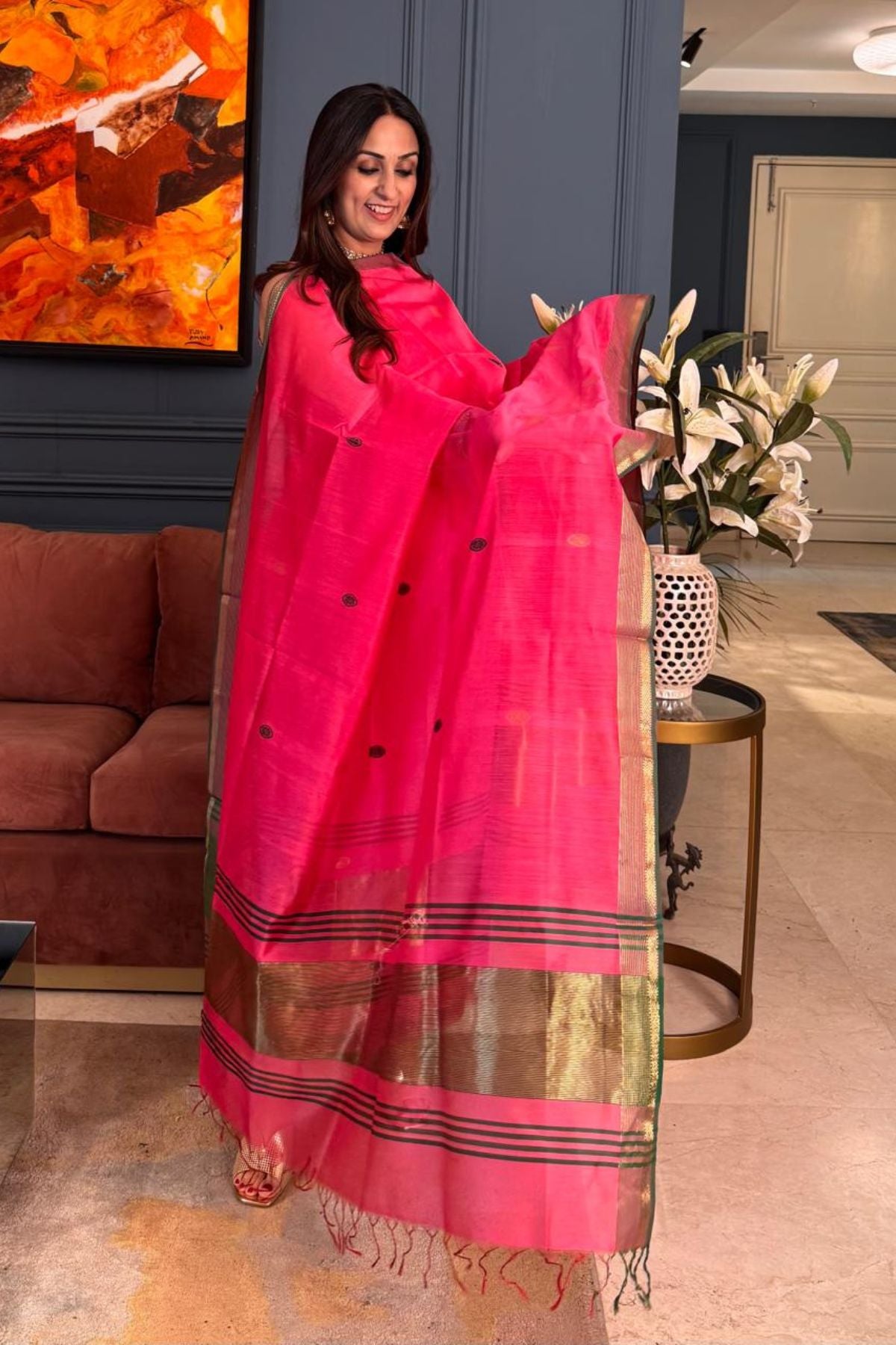 Handwoven Maheshwari silk kurta dupatta set